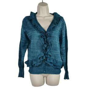 Sharagano Ruffle Cardigan Sweater Button Up Size PM Blue Space Dye Long Sleeve